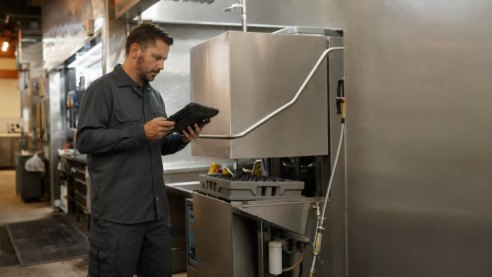 Commercial kitchen service technician using a tablet while inspecting equipment